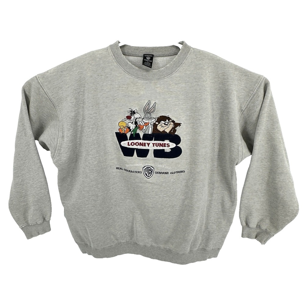Vintage 90s Looney Tunes Sweatshirt Embroidered Gray XL Bugs Bunny Taz Tweety